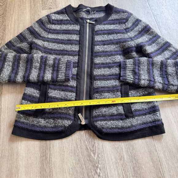 Karen Millen Cardigan Sz 4 Gray Black Blue Striped Cotton Mohair Blend Zip Pocke - Picture 5 of 11